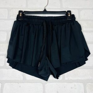 Black Flowy Butterfly Athletic Shorts with Built-in Liner and Drawstring Waist